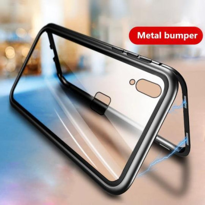   Луксозен алуминиев бъмпър от 2 части с магнити и стъклен протектор гръб оригинален Magnetic Hardware Case за Xiaomi Redmi 7A черен